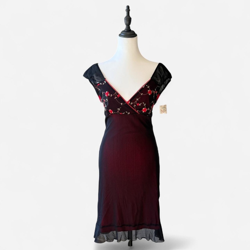 Charlotte Russe Y2K Embroidered Mesh Slip Dress Black Red Medium J90JS51R